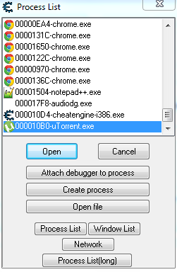 Cheat Engine process list